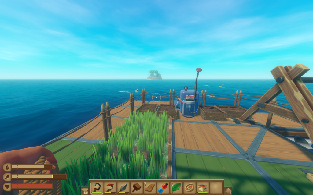 screenshot of raft, Adrift in the vast blue, our makeshift raft is both sanctuary and prison under the endless sky.